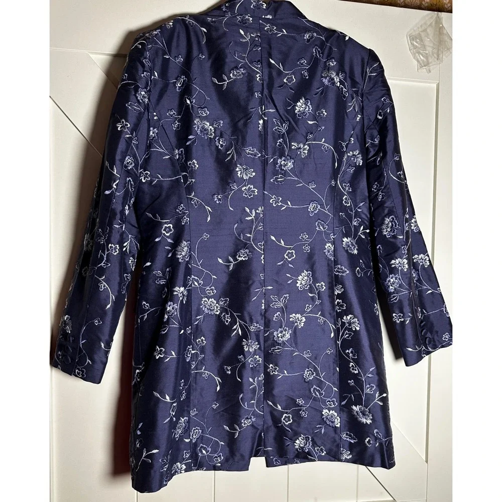 Talbots Petites Navy Pure Silk Floral Embroidered Blazer Pants Suit Set Sz‎ 8P